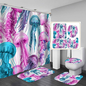 Rideau de douche personnalisé imprimé coloré avec méduses et animaux marins, ensemble de salle de bain sur le thème de la vie marine - Product Image 2