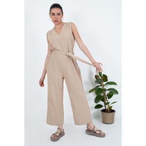 Lustrin Women's Mink Cotton Blend <b>Jumpsuit</b> <b>with</b> Back Zipper, Belted Waist, Wholesale Fashion Overall for Ladies - Product Image 3