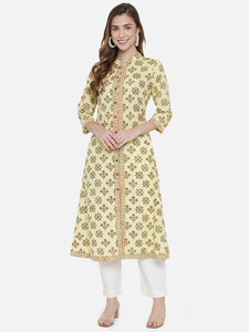 Ensemble Kurti en coton imprimé à la main, style moderne, écologique, respirant, motif floral jaune, manches trois quarts, robe ample décontractée - Product Image 1