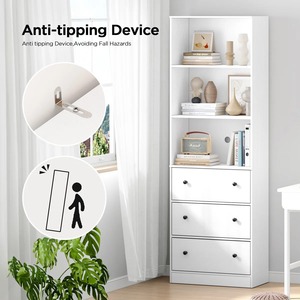 Custom High Quality 70 Inch White Tiered Shelf Standard <strong>Bookcase</strong> Cabinet with Drawers Open Shelves Storage Bookshelf - Product Image 5