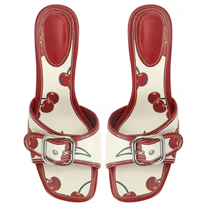 Custom logo Fashion Cherry <b>Red</b> Kitten <b>Heel</b> Sandals Stiletto Low <b>Heels</b> Slip on Slides Mule Sandal Square Open Toe Shoes for Women - Product Image 5