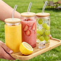 Ensemble de tasses portables en verre borosilicate de 16 oz avec paille, résistantes aux hautes températures, couvercle en bambou, pour café et cola, idéales pour l'export.