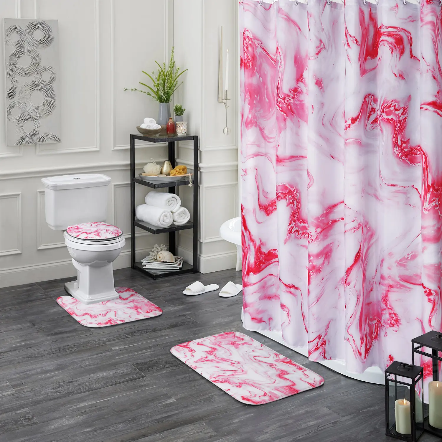 Alfombrilla de espuma de franela colorida a rayas de mármol nueva personalizada, Juego de 4 piezas con cortina de ducha para baño y hogar