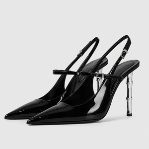 Sandalias de tacón alto plateadas de charol para mujer, talla grande 45, con punta, correa trasera, estilo slingback, para verano - Product Image 3