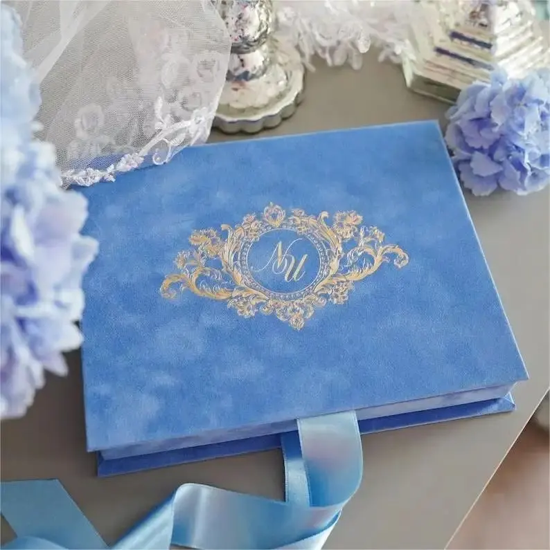 Creatieve Hortensia Blauwe Fluwelen Doos Bruiloft Uitnodigingskaart Met Aangepaste Acryl Bruiloft Uitnodigingen Doos