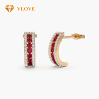 Boucles d'oreilles créoles en or massif 14 carats avec rubis de laboratoire et diamants de laboratoire pavés, bijoux fins pour femmes, à porter au quotidien