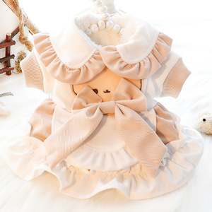 Cute Animal Pet <b>Dog</b> Dress Light Khaki Pink Cotton-Padded Autumn Winter Princess Style With Bow <b>For</b> <b>Small</b> <b>Dogs</b> Teddy - Product Image 3