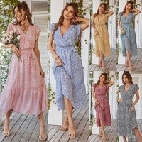Shygimy — robe une pièce avec ceinture pour femme, tenue Vintage à manches courtes, col en V croisé, en mousseline de soie, imprimé Floral, style Boho décontracté, Maxi, été
