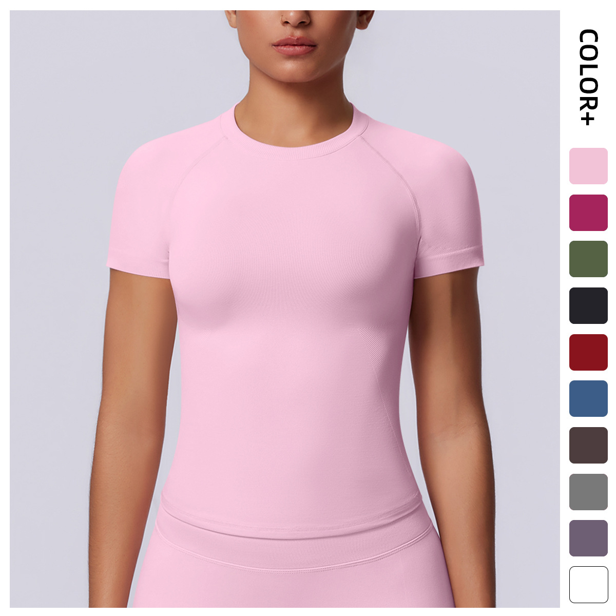 New Seamless Solid Color Tight High Elastic Breathable Spandex/Nylon Short Sleeve T-shirt for Sports Running Fitness Yoga Women