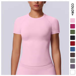 New Seamless Solid Color Tight High Elastic Breathable Spandex/Nylon Short Sleeve <strong>T</strong>-<strong>shirt</strong> <strong>for</strong> Sports Running Fitness Yoga Women - Product Image 1