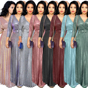 Gaun Malam Wanita Elegan M181209 Terlaris, Lengan Panjang, Aksen Emas, Model A-Line, Mengkilap, Berlipit, Dilengkapi Sabuk - Product Image 2