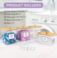 Lot de 2+1 Contenants Transparents pour Lessive en Capsules, Boîtes de Rangement pour Lessive en Poudre avec Couvercles en Bois et Étiquettes