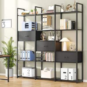 Étagères de présentation ouvertes noires pour bureau à domicile <span class=keywords><strong>Etagere</strong></span> Triple Wide Shelf Book Case Tall Bookshelf 3 Drawers Storage Shelves Bookcase - Product Image 3