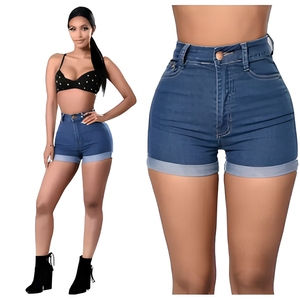 Women's High Waist <b>Denim</b> Shorts Solid Color Cuffed Hem Regular Fit Casual Streetwear Summer Style Stonewashed Blue Jeans 300g - Product Image 1