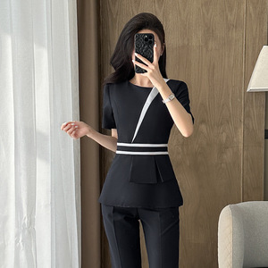 Gray Short Sleeve Suit Set Women Polyester Professional Workwear Summer 2025 Elegant Uniform Beauty Salon Attire - Product Image 2