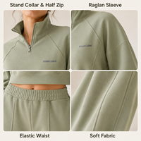 Conjunto de Dos Piezas de Marca Propia para Mujer: Sudadera Corta de Algodón Felpa Verde Salvia con Cremallera de Cuarto y Pantalón de Chándal de Pierna Ancha de Cintura Alta