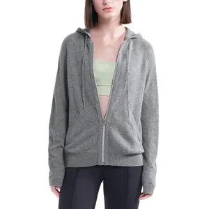 2023 new causal style solid plain zip knit pockets pure cashmere hoodie cashmere sweater for women