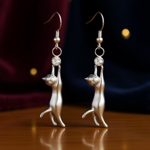 Orecchini Pendenti E3260 a Forma di Gatto in Argento Placcato Rodio con Cristalli e Strass, Design Animale Carino per Uso Quotidiano Femminile - Product Image 2