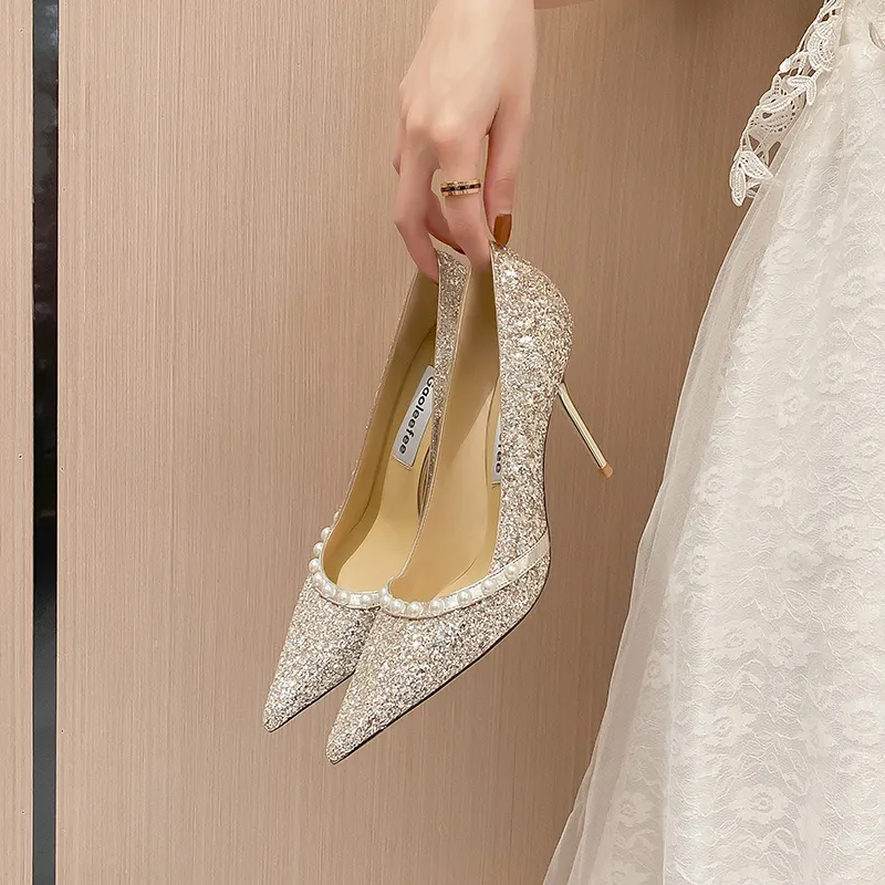 2022 Spring Wedding Pumps Ladies Golden Shiny Pearl Crystal Shoes High Heels Women's Thin Hein Heel Female Bride Full Dress Shoe