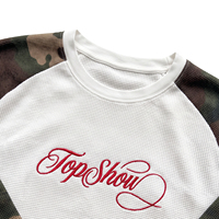T-shirt à manches longues personnalisé en tricot gaufré camouflage de haute qualité, broderie 3D, manches raglan, style baseball