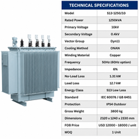Transformateur de puissance immergé dans l'huile triphasé Wanbo-415 Wanbo S13 1250 kVA 10 kV 0,4 kV pour la distribution
