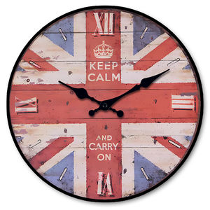 Custom <strong>UK</strong> Union Jack "Keep Calm" Vintage Round <strong>Wall</strong> <strong>Clock</strong> - Rustic Wooden Design for Home Decor Living Room Patriotic Spaces - Product Image 1