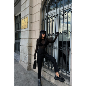 Pantalones de Mujer de Gamuza Negra con Corte Acampanado y Detalles de Puntadas, Cintura Alta, Transpirables, Estilo Casual de Oficina, Talla XL - Product Image 2