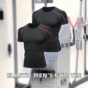 T-shirt de sport pour homme à manches courtes, haute élasticité, séchage rapide, respirant, coupe ajustée, compression unie, idéal pour la gym et l'entraînement - Product Image 2