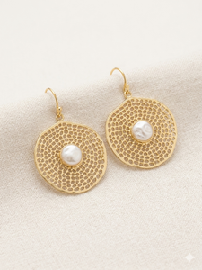 Gold Pearl Lattice Disc <b>Earrings</b> | Honeycomb Textured Cutout <b>Earrings</b> | Statement Boho Wedding Gift - Product Image 2