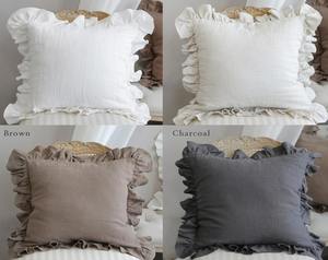 Housse de coussin carrée décorative en lin naturel lavé, couleur unie, à volants, faite à la main, produit en gros - Product Image 2