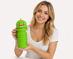 Trousse à crayons télescopique multi-niveaux en silicone souple, motif dinosaure de dessin animé, avec fermeture éclair, 18*21CM, pour enfants et salle de classe - Product Image 5
