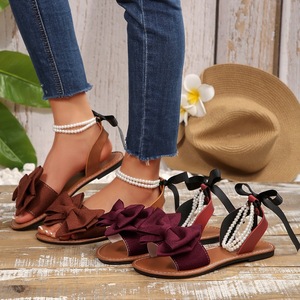 Sandalias Planas con Lazo Grande para Mujer, Doble Cadena de Perlas en el Tobillo, Punta Abierta, Cinta de Satén, Lazada en la Espalda, Sandalias de Playa de Verano - Product Image 1