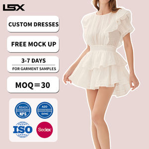 Vestido de malla corto informal de diseñador para mujer, con cuello cuadrado, mangas con volantes y falda plisada, personalizado por fabricantes OEM para verano - Product Image 1