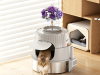 Bac à litière pour chat rond décoratif dissimulé, anti-odeur, en acier inoxydable, avec plante artificielle et pelle