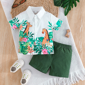 Ensemble de vêtements décontractés pour bébé garçon en deux pièces pour l'été, respirant, à manches courtes avec col et boutons imprimés dinosaures - Product Image 1