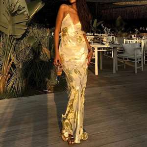 Nuevo Vestido Largo Sexy de Fiesta para Mujer con Tirantes Finos y Espalda Descubierta, Estampado Dorado, a la Moda - Product Image 1