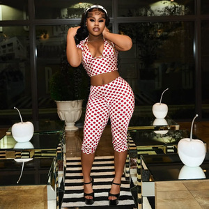 Polka Dot Set Sholt Sleeve Tops Halter Bra and Capri Pants Sets Hot Sale <strong>Sexy</strong> Deep V Neck 3 Piece Set <strong>Women</strong> <strong>Outfits</strong> - Product Image 2