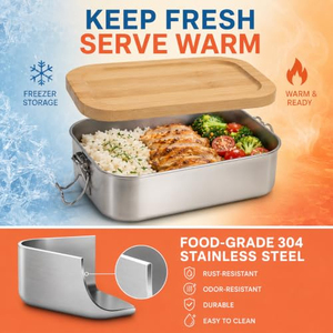 Boîte à lunch en acier inoxydable, divisée en trois sections, écologique, passe au lave-vaisselle et au micro-ondes, sans BPA, boîte bento avec couvercle en bambou, pour les nouveau-nés - Product Image 2