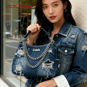 Colefa <span class=keywords><strong>VIP</strong></span> Fashion Half Moon Ladies Shoulder Crossbody Bags Ripped Denim Fabric Bolsos de mujer Diseño dañado Denim Clutch Bag - Product Image 3