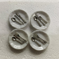 EN STOCK or argent 1 couteaux + 1 fourchettes + 1 cuillères + 1 assiette/ensemble accessoires de maison de poupée Mini modèle de jouet en métal jouet de cuisine Miniature