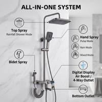 Système de douche thermostatique gris anthracite de luxe avec affichage numérique, touches piano, 4 fonctions et sortie dissimulée pour salle de bain de villa