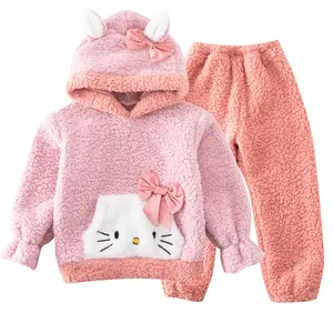 winter girls sherpa fleece pajamas warm hooded long ear pajamas set girl homewear pink bunny