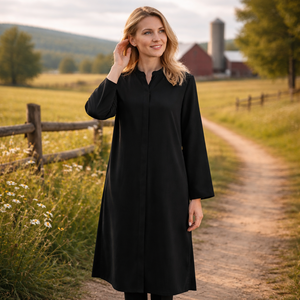 Abito Tunica <span class=keywords><strong>Lungo</strong></span> da Donna Personalizzato in Misto Lino e Cotone <span class=keywords><strong>Nero</strong></span> <span class=keywords><strong>con</strong></span> Collo alla Coreana, Abbottonatura Nascosta, Maniche Lunghe e Spacchetti Laterali - Fornitore di Tendenza - Product Image 4
