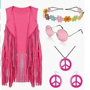 Ecoparty Herbst 60er-70er Outfits für Damen Hippie Kostüm Set Friedenszeichen Ohrring Kopfband Halskette Sonnenbrille fünfteiliges Set