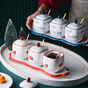 Retail Wholesale Vintage Cartoon Porcelain Eco-Friendly Seasoning <strong>Pot</strong> Set Spoon Hand-Painted Strawberry Blue <strong>Fish</strong> Pattern - Product Image 4