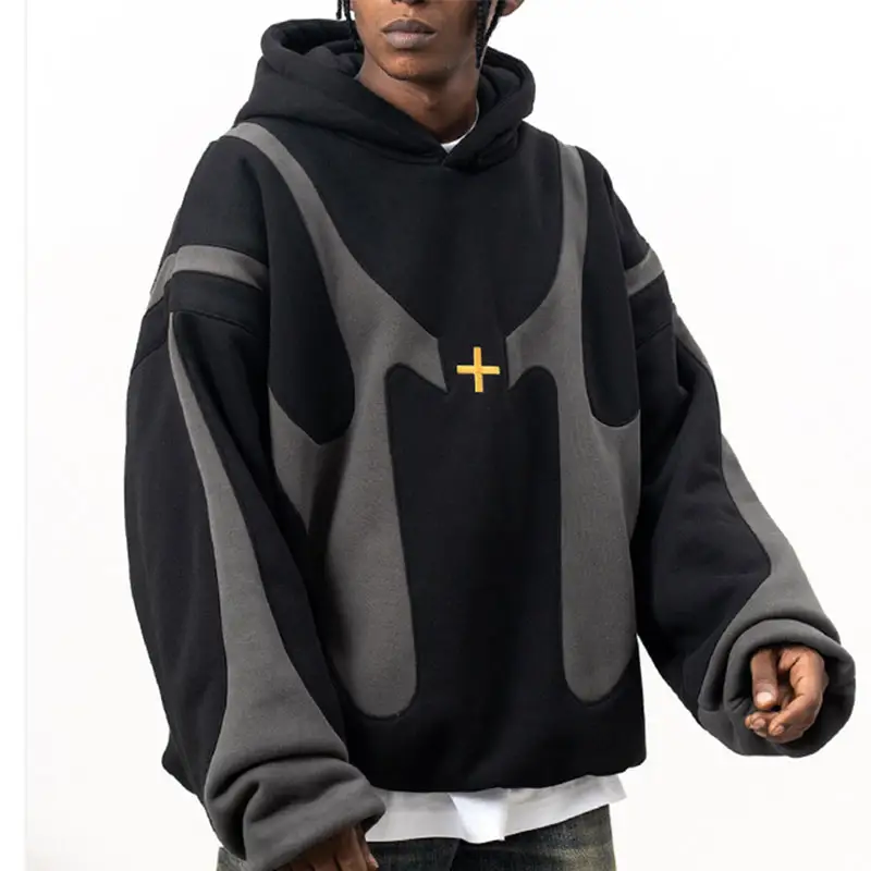 High Street Contrast Color Spliced Plus Size Men's Hoodies Boxy Fit Double Layer Logo Embroidered Hoodie