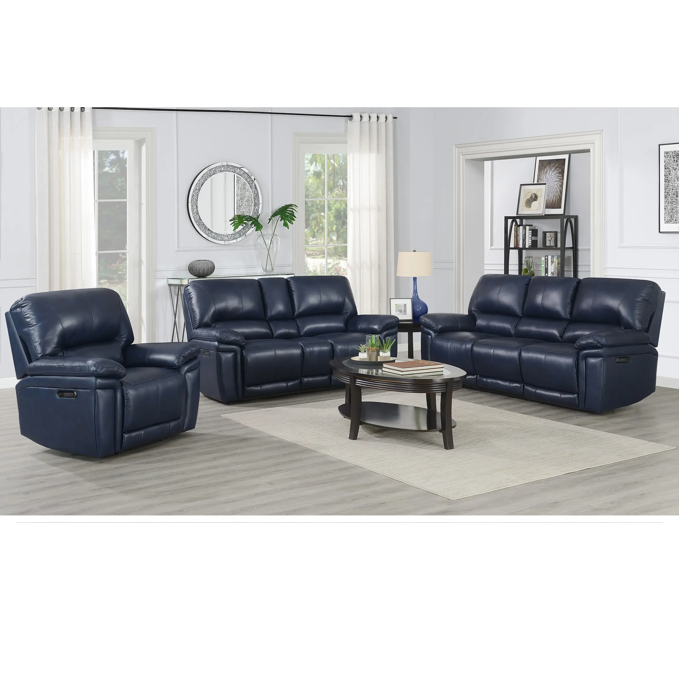 luxury comfort blue grey leather fabric power reclining living room the sofa set furniture modern