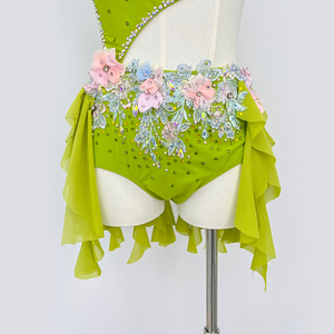 Traje de Danza Lírica Verde Lima con Pedrería Floral, Leotardo de Gimnasia Rítmica con Volantes de Malla, Atuendo de Competición de Danza del Vientre - Product Image 4