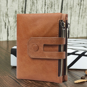 Cartera de cuero genuino para hombre, tarjetero corto antirrobo con doble cremallera, monedero informal para uso diario, color marrón - Product Image 1