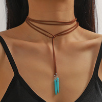 Collier pendentif turquoise pour femme style ethnique bohème, chaîne en cuivre électroplaqué, chaîne de pull en bambou